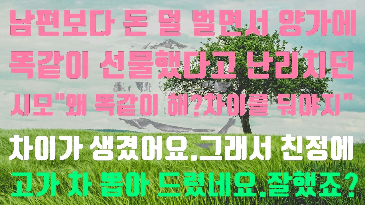 [실화사연]남편보다 돈 덜 벌면서 양가에똑같이 선물했다고 난리치던시모 차이를 둬야지 왜 똑같이 하니  차이가 생겼어요 그래서 친정에고가 차 뽑아 드렸네요 잘했죠