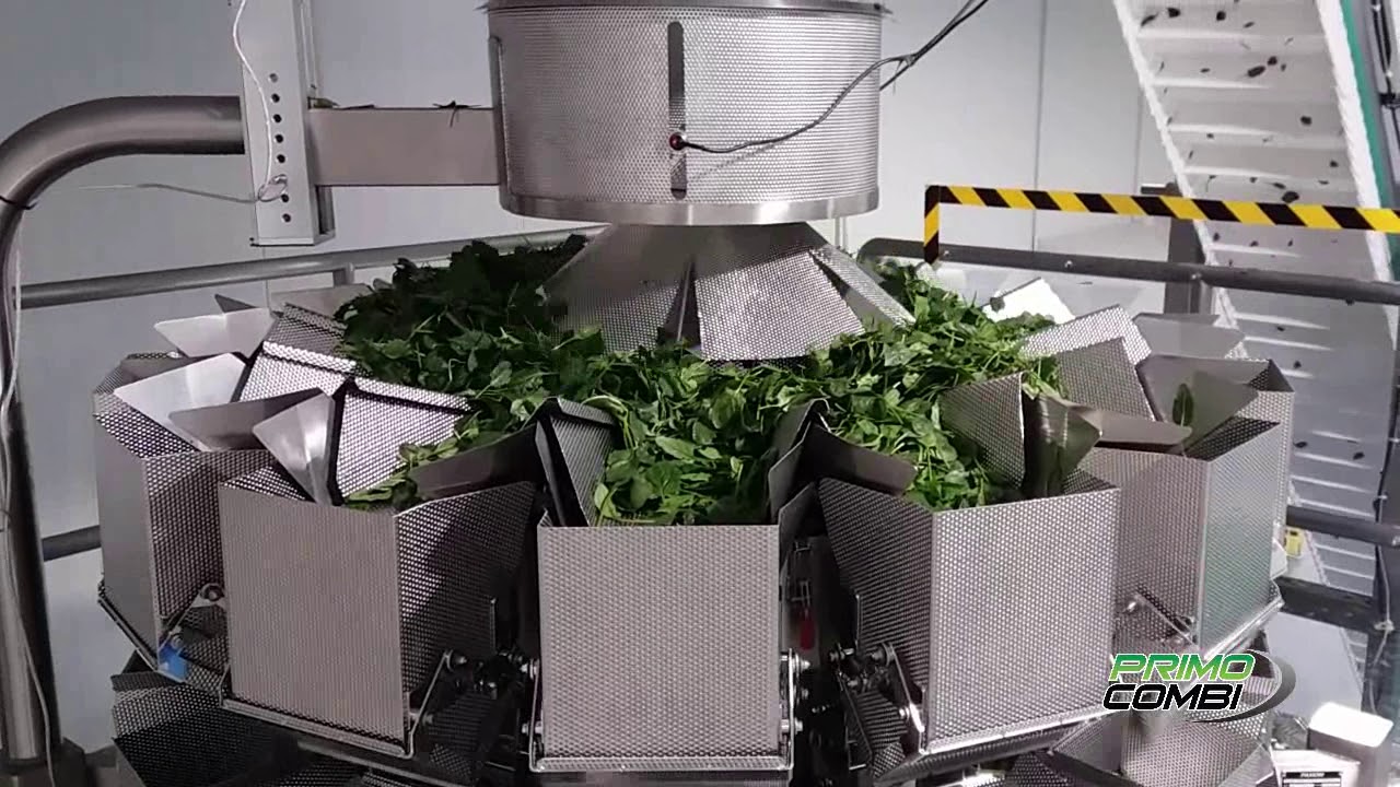 PrimoCombi&reg; multihead weigher dispensing baby spinach into vertical form and sealed pouches