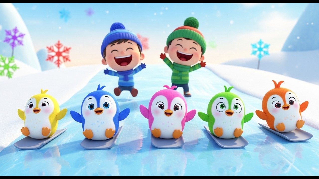 Cinco Amiguinhos Pinguins Deslizam, Deslizam | Música de Inverno e Contagem
