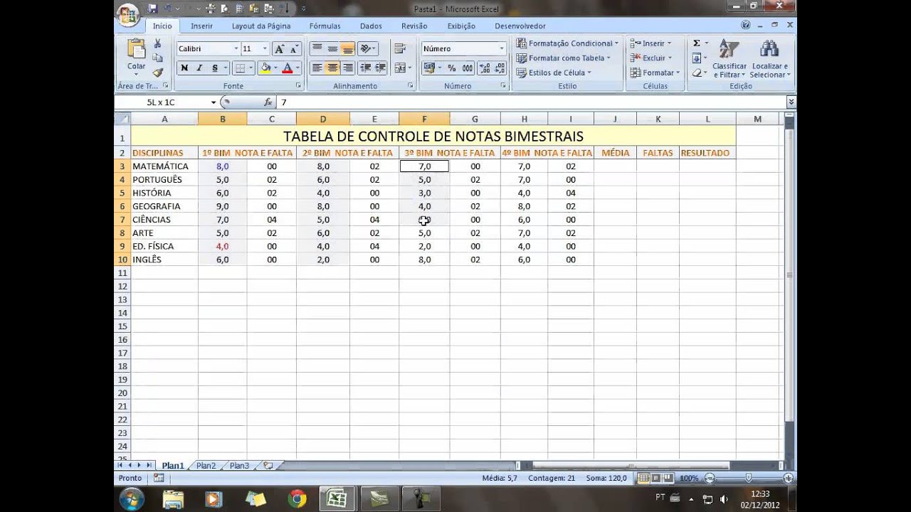 Tabela Excel   Controle de Notas de alunos