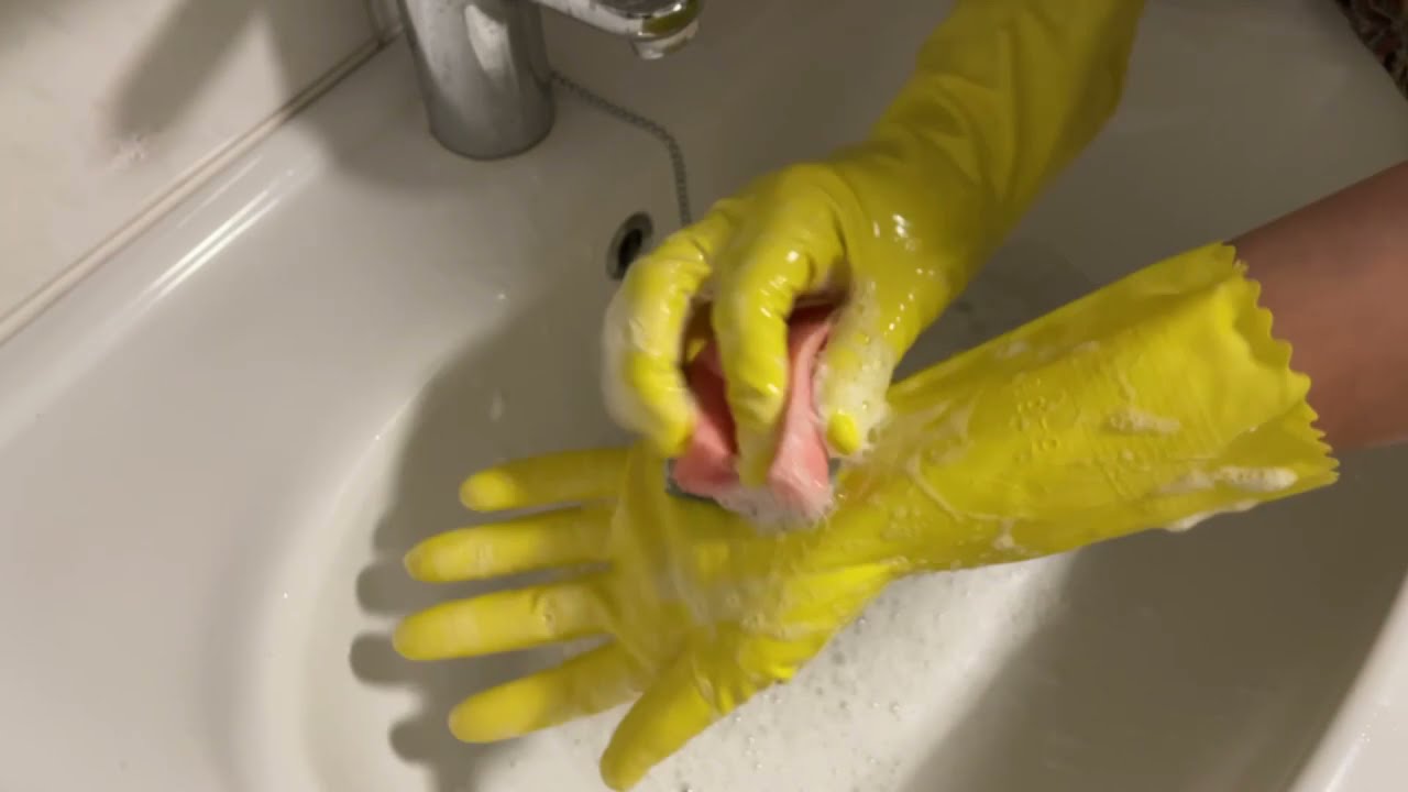 asmr household scrubbing multiple household rubber gloves red black yellow rubber gloves