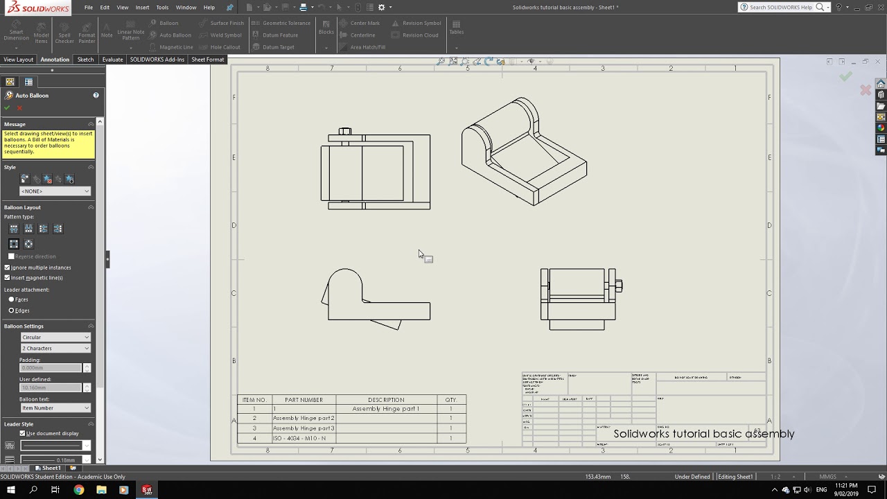 Solidworks tutorial bill of materials and auto ballons