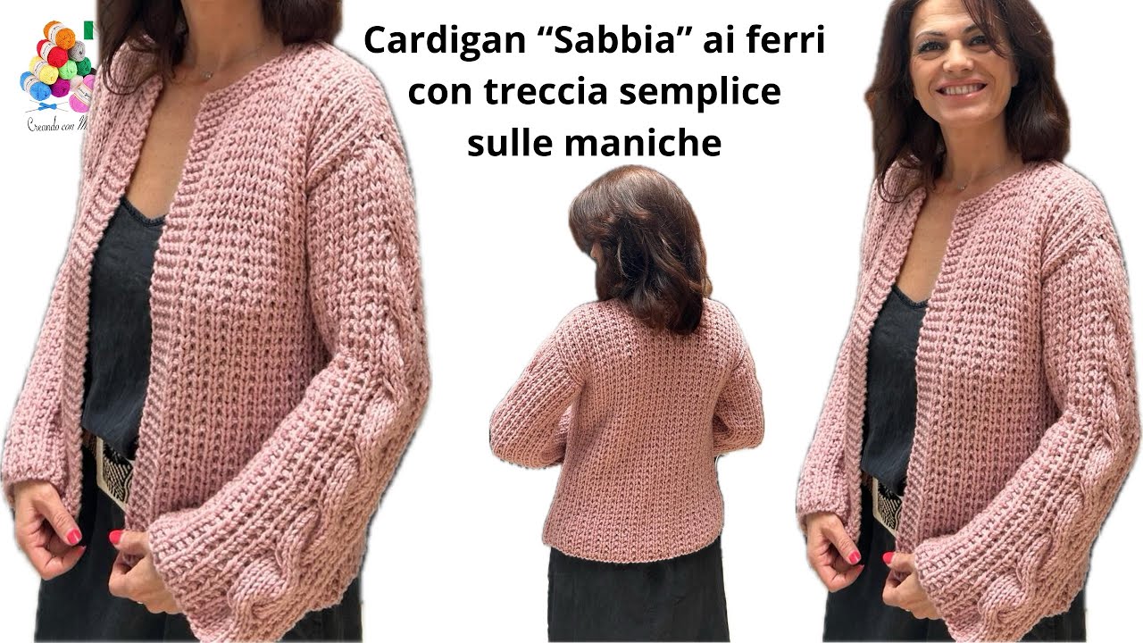 Cardigan “Punto Sabbia” ai ferri con treccia semplice sulle maniche