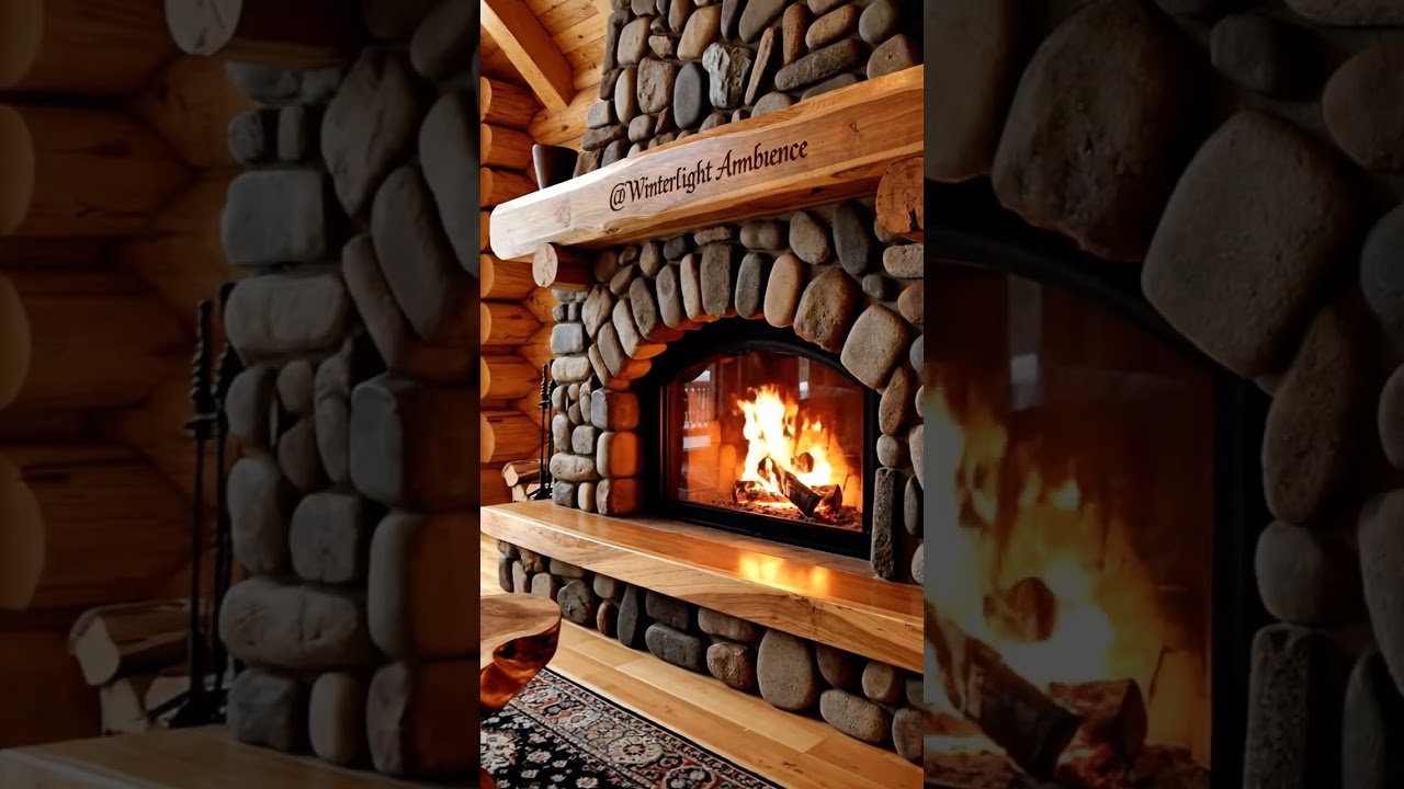 Cozy Log Cabin Living Room: Winter Fireplace & Snowy Forest View