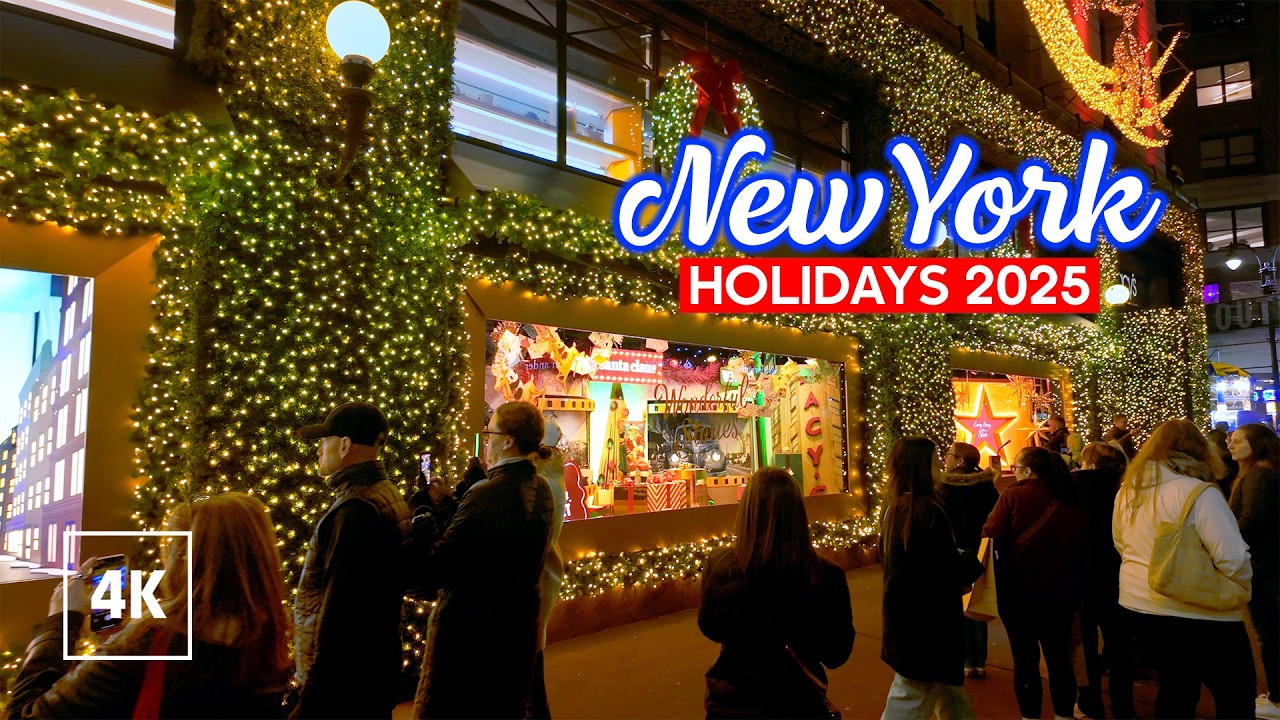2025 Macy's Christmas Windows in New York City Holiday Evening Walk 4K