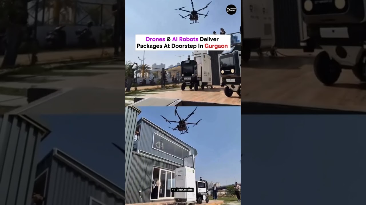 Drone & AI Robots Deliver Packages At  Doorstep In Gurgaon #shortsfeed #dronedelivery #dronefly #yt