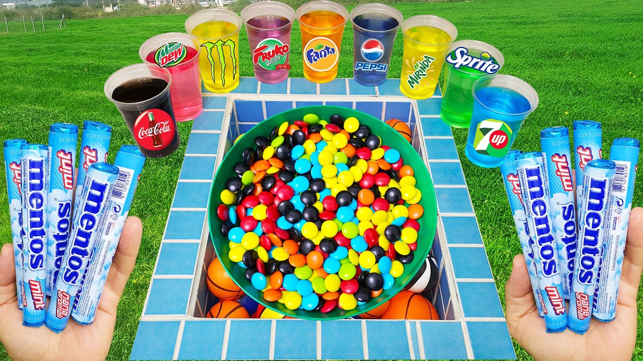 Colorful Candy VS Coca Cola of Fanta, Popular Sodas, Sprite, Pepsi, 7up And Mentos İn the pool