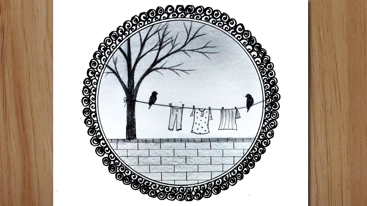 How to draw a scenery in a circle, Easy pencil drawing for beginners
