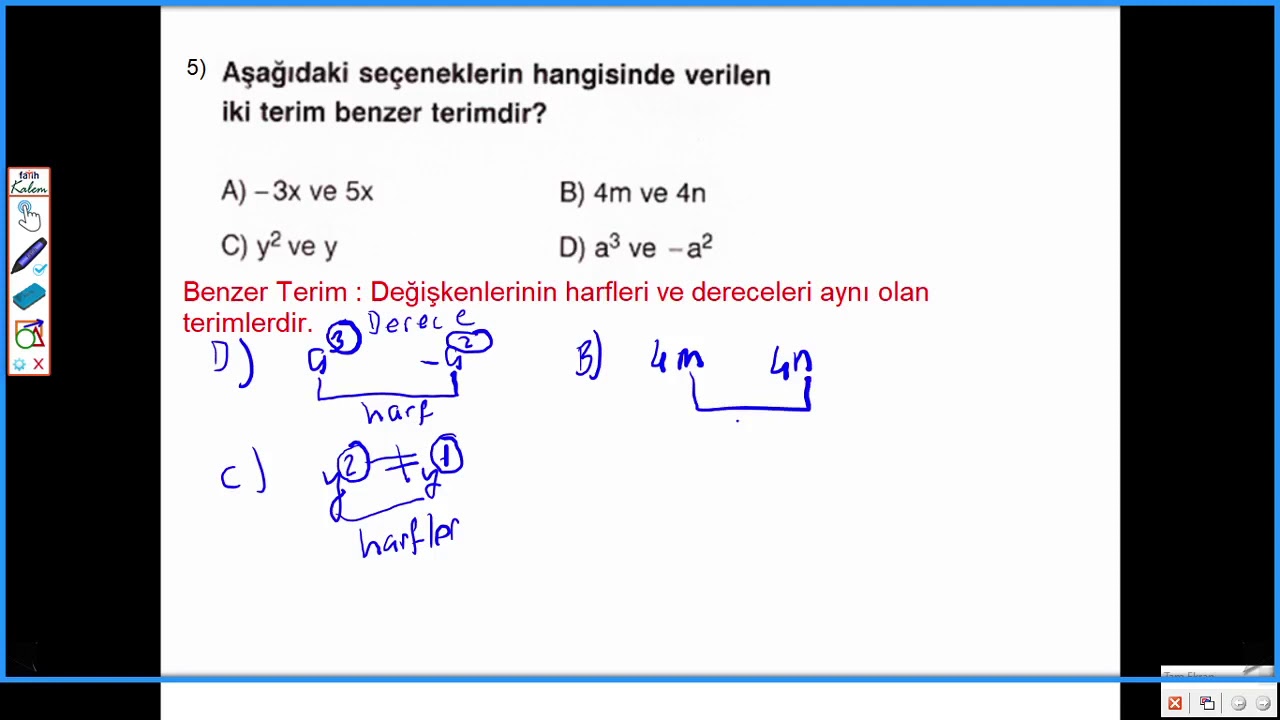 Cebirsel ifadelerde benzer terim, terimin derecesi, değişkenleri
