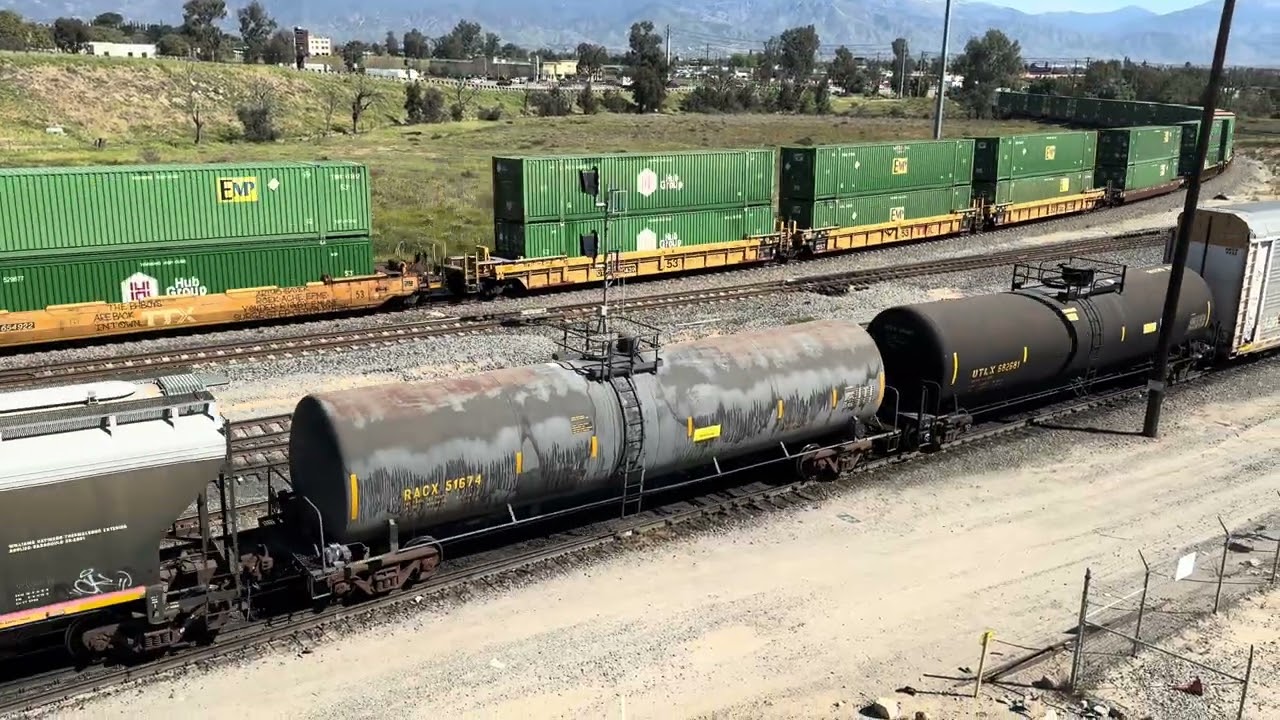 UP 8465 Westbound Manifest Meets UP 7267 Eastbound Intermodal Stack Train at West Colton Yard 