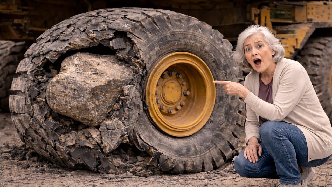 A Heavy Machine’s Tire Burst after Hitting a Large Stone, skilled Mechanic Repaired it immediately