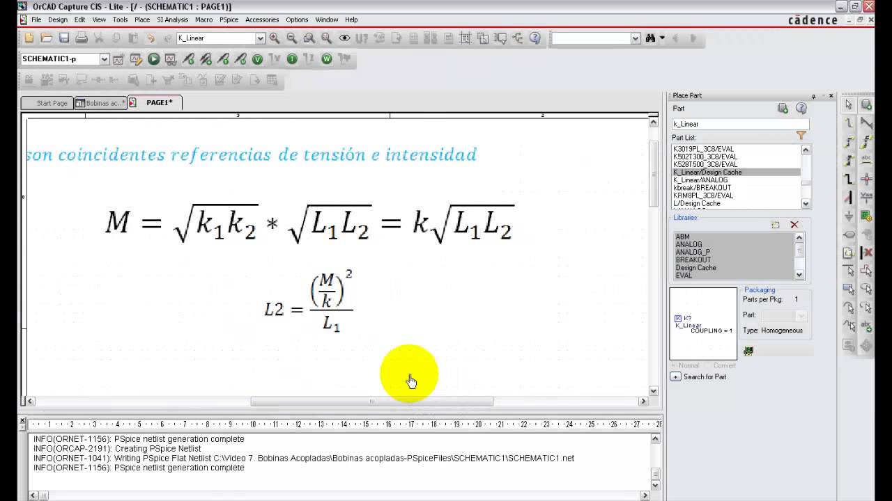 OrCAD PSpice 16.6. K_Linear. Bobinas acopladas magneticamente. Video 7