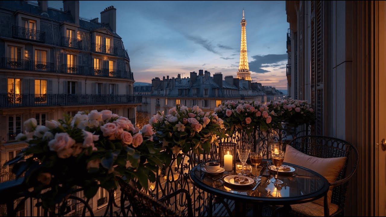 Candlelit Balcony Caf&eacute; in Paris 🌃 Elegant Background Music with Eiffel Tower View