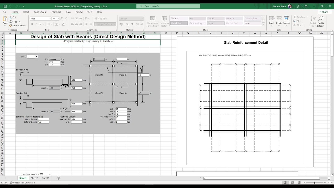 Design of Slab with Beams Excel Sheet
