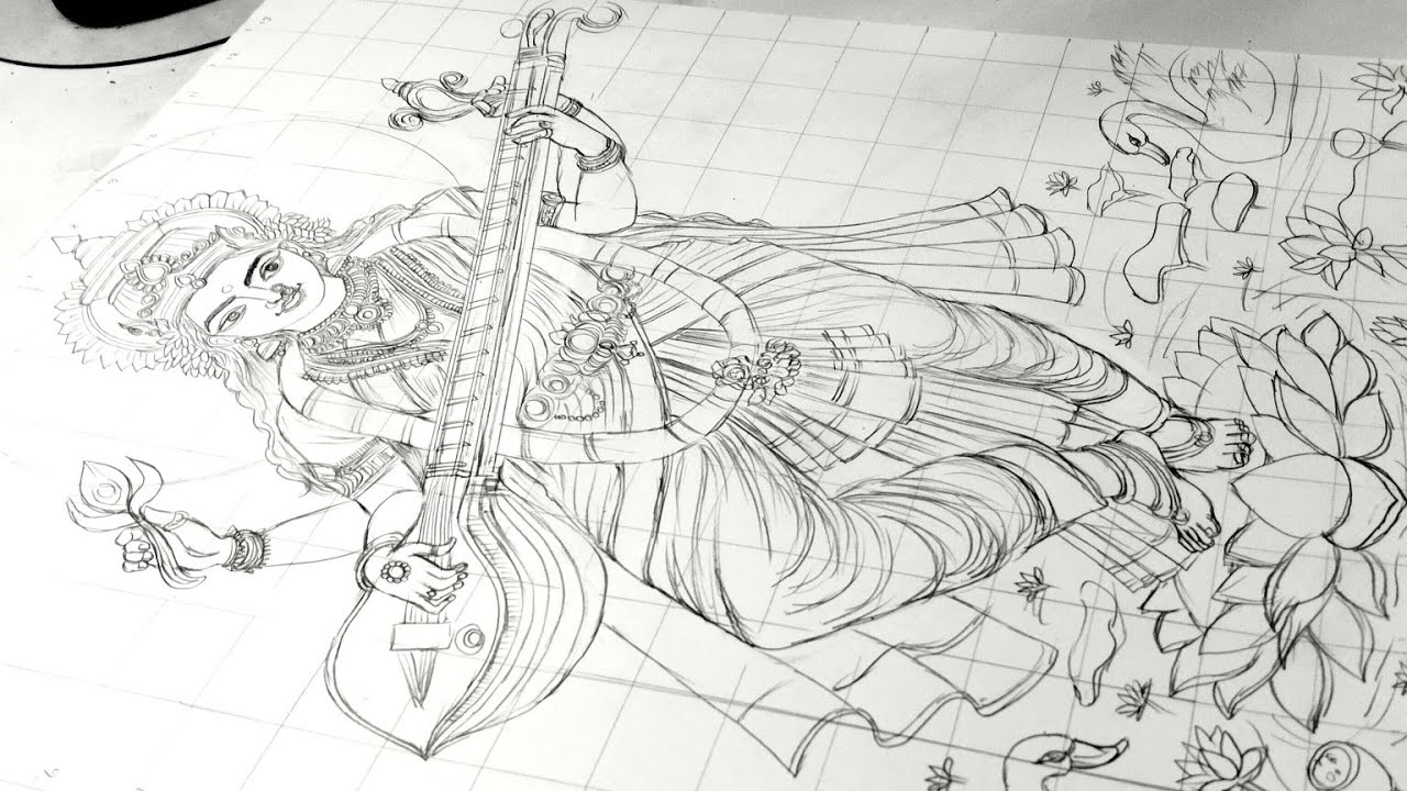 Saraswati Drawing,How to Draw Mata Saraswati Drawing,Saraswati Mata Drawing,Saraswati Thakur Drawing