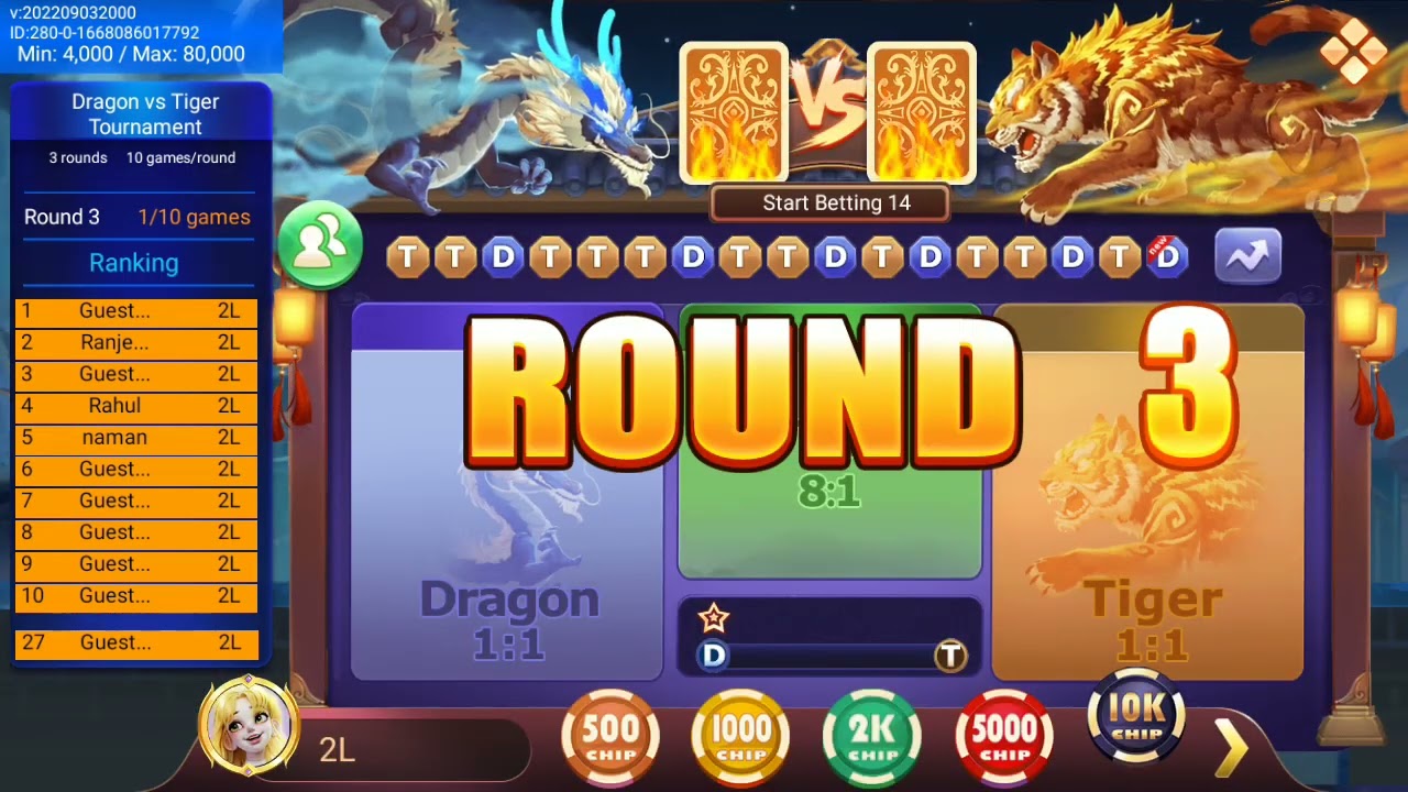 rummy glee Dragon vs Tiger tournament matches 200000 chips