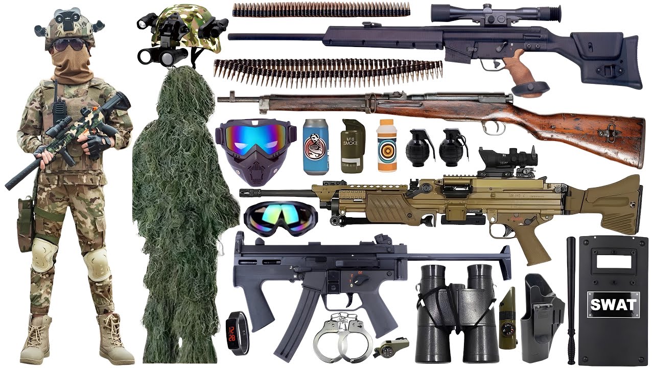 Unboxing collection of special forces toy guns: SVD sniper rifle,Gatling machine gun,tactical helmet