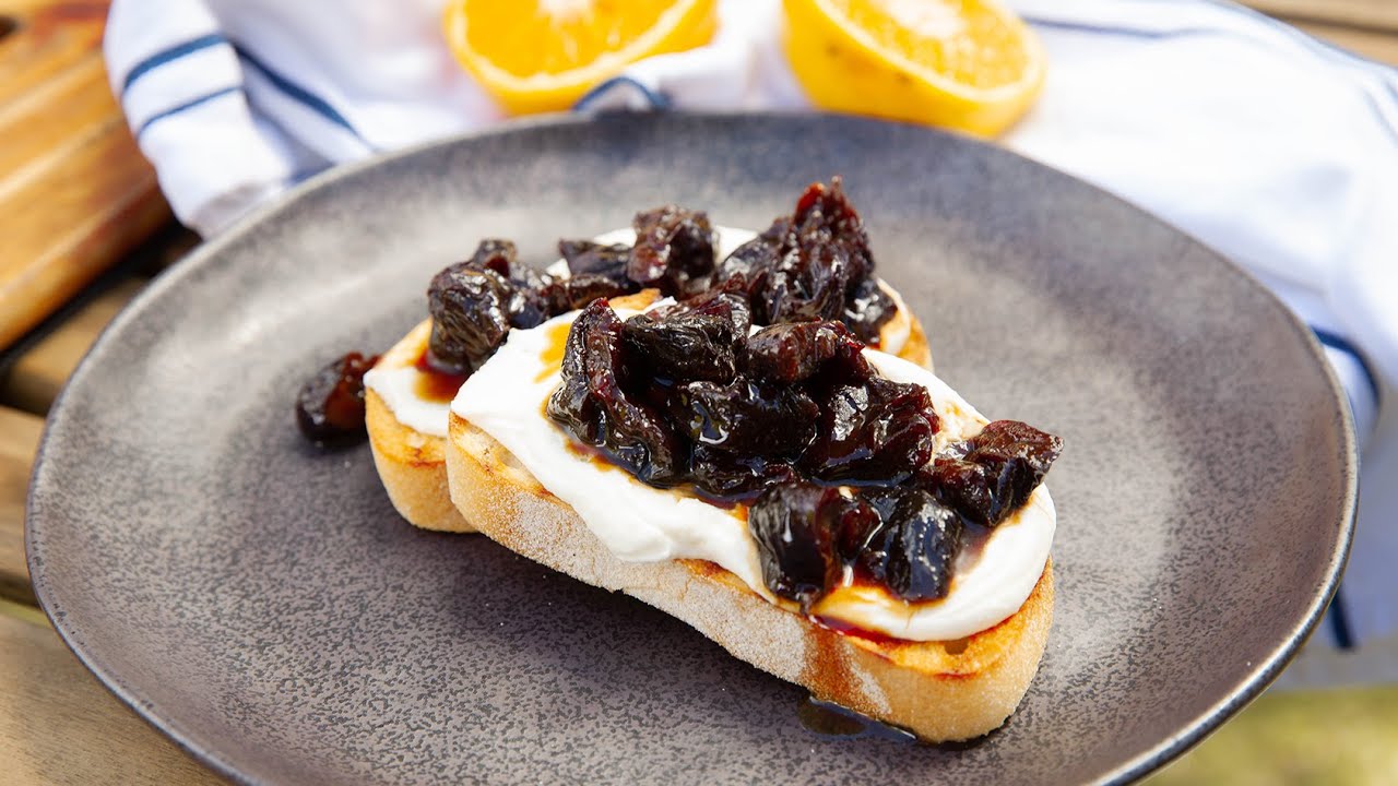 Everyday Gourmet with Justine Schofield. Marsala Soaked Prunes & Ricotta Bruschetta.