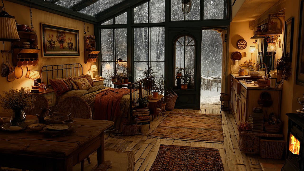🔴Snow Falling for Hours Beyond the Frozen Window | Cozy Fireplace Sounds for Deep Sleep & Relaxation