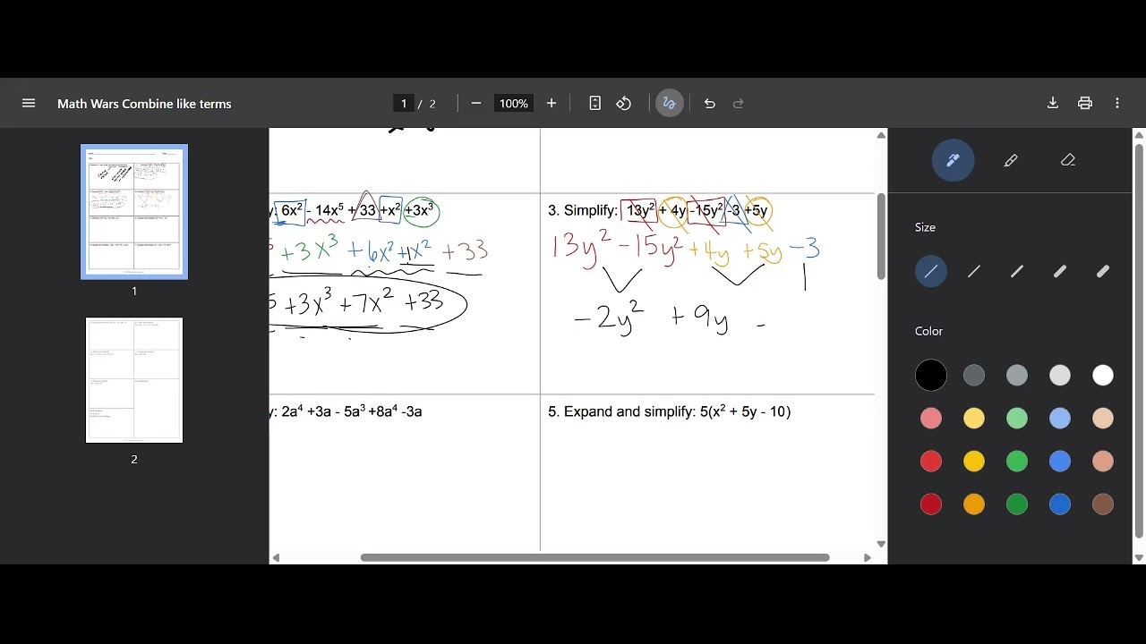 simplify expressions: like terms, distributive property, and factoring