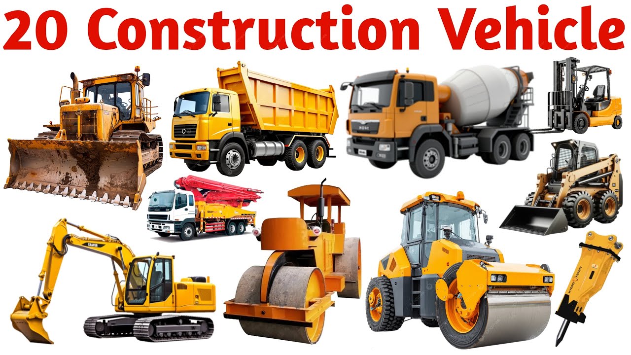 20 निर्माण वाहन सीखें बच्चों के लिए | Learn 20 Construction Vehicle Names with Pictures and Sound