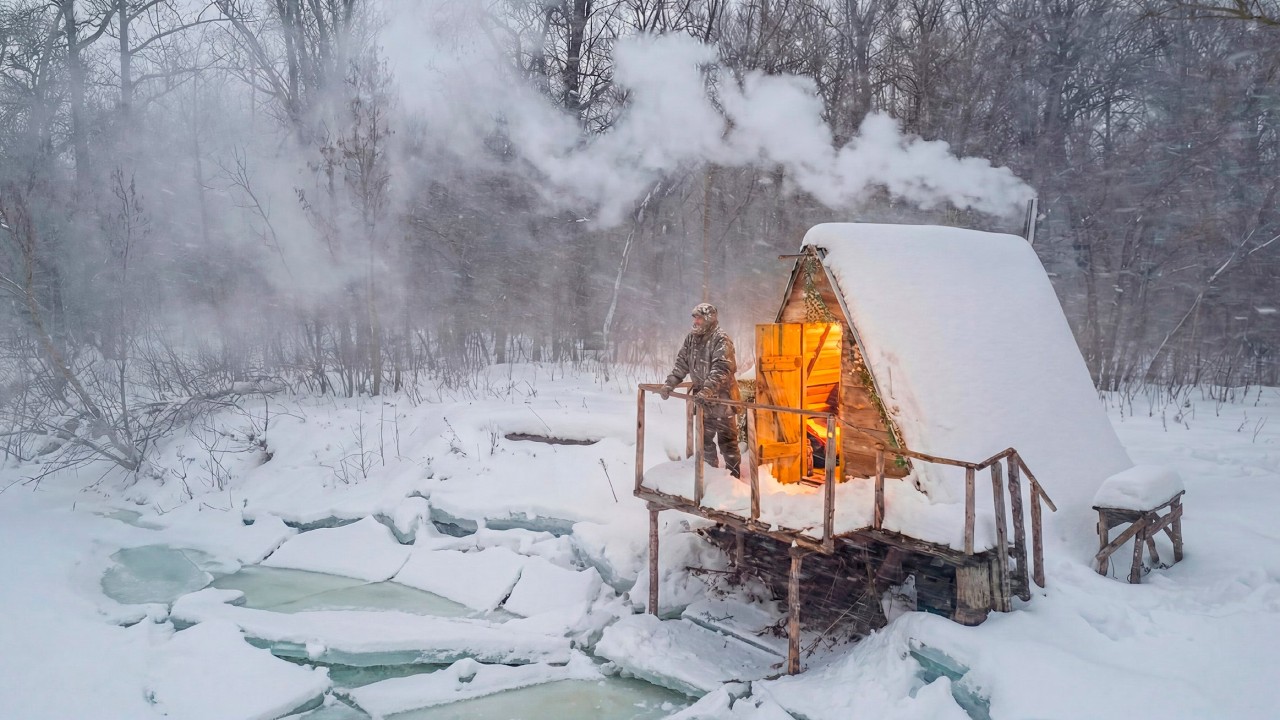 Blizzard Night in a Primitive Log Cabin | Solo Winter Wilderness ASMR