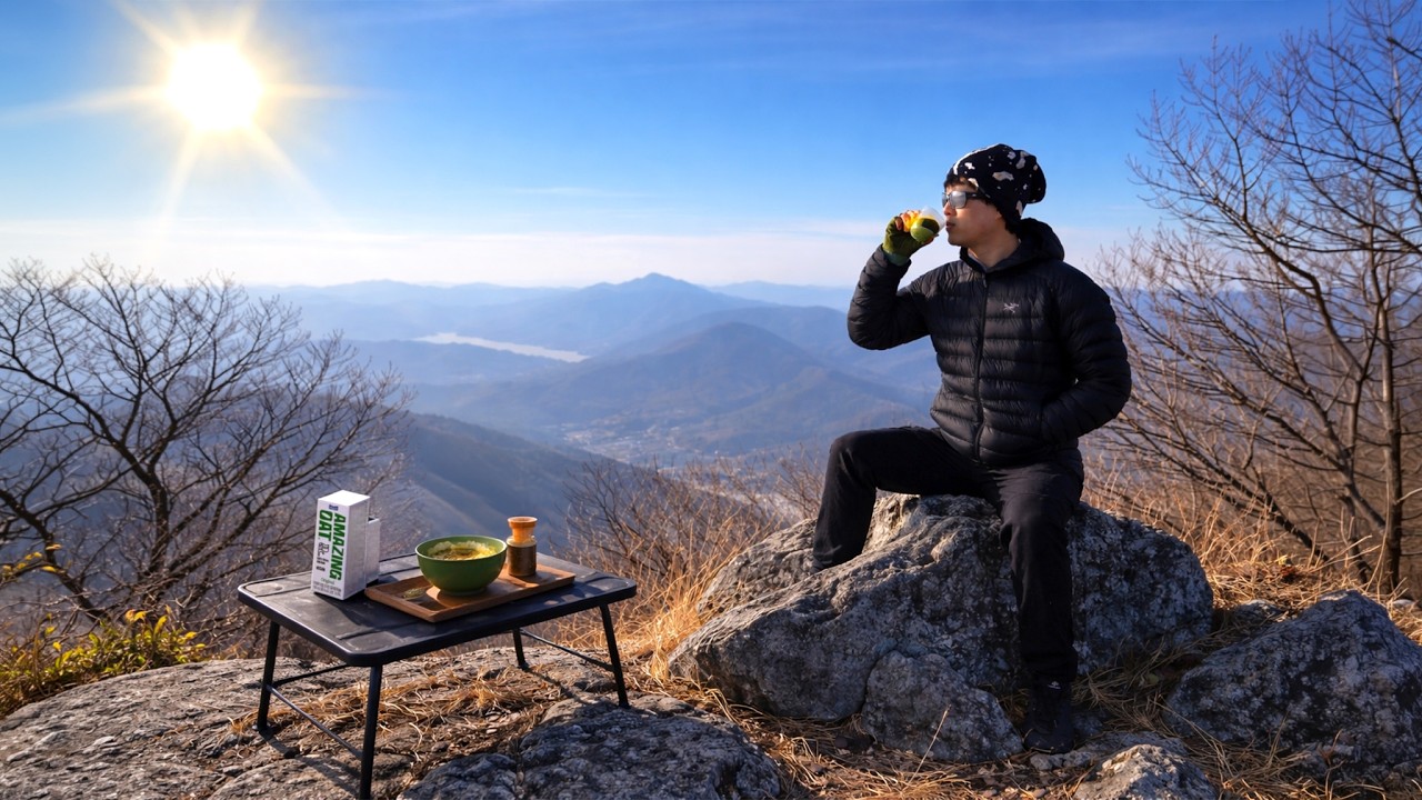아무도 없는 812m 산 정상, 일출 보며 오트밀 말차 마시기