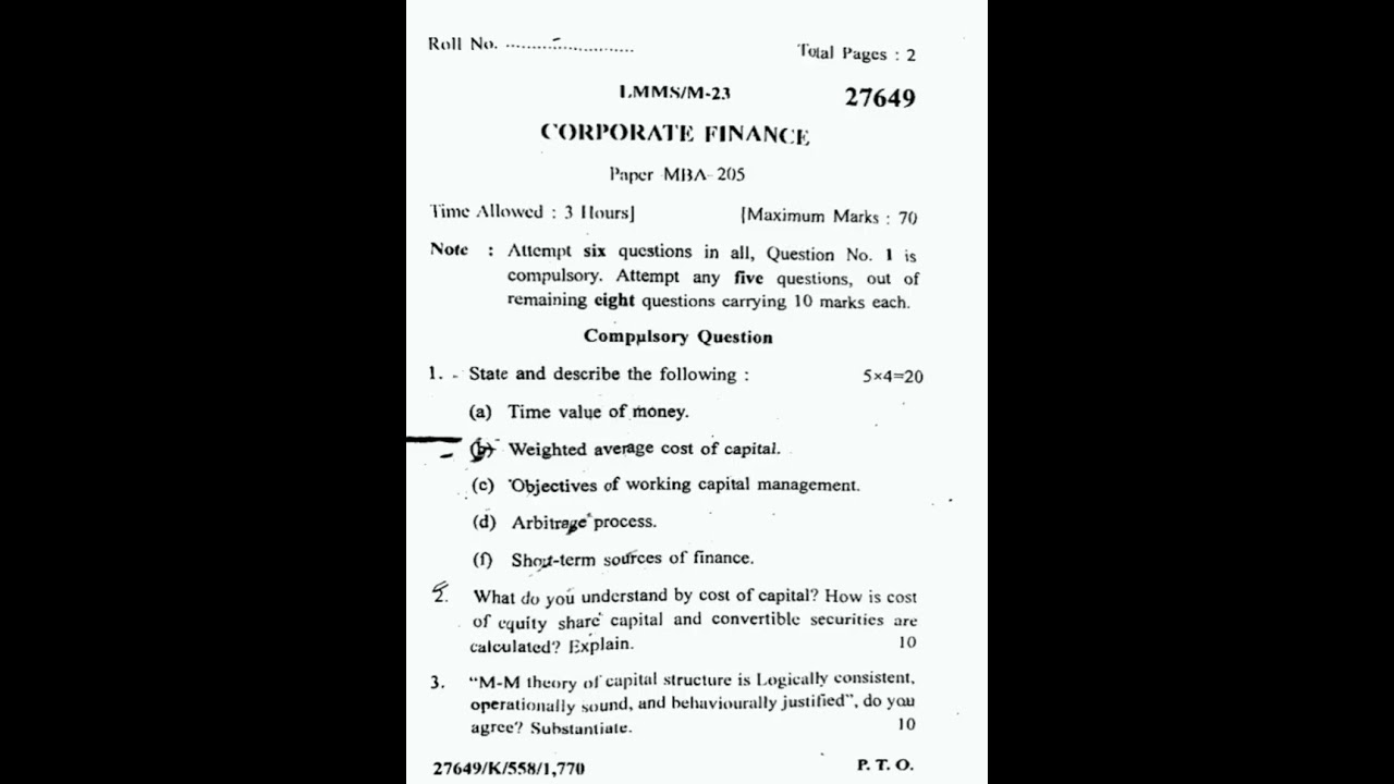 Corporate Finance MBA 2nd Sem KUK Previous Year Question Paper 2023 ✌️✌️