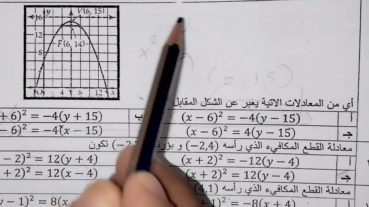 اختبار رياضيات 5 هام /ورق عمل القطع المكافيء الجزء ٢