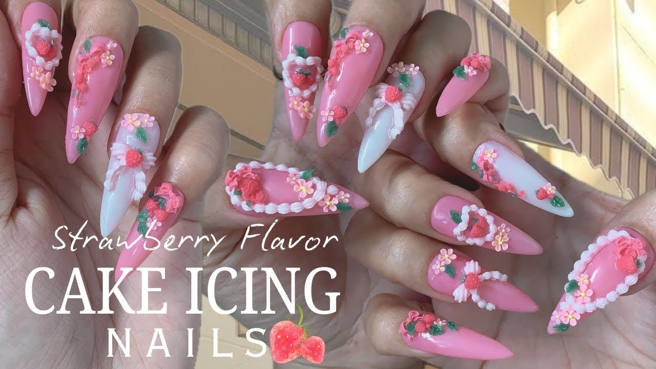 Strawberry Icing Cake Nails 🍰 ݁𖥔˖ 🍓 3D Cute Jelly Nail Art Tutorial Using Silicone Molds 