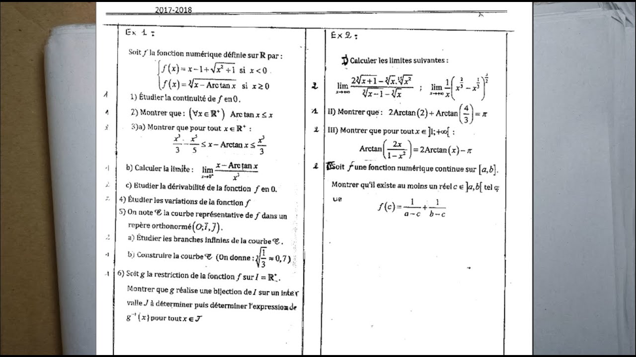 فرض محروس علوم رياضية: النهايات و الاشتقاق Devoir Sciences Math: Limites et dérivation exercice 2