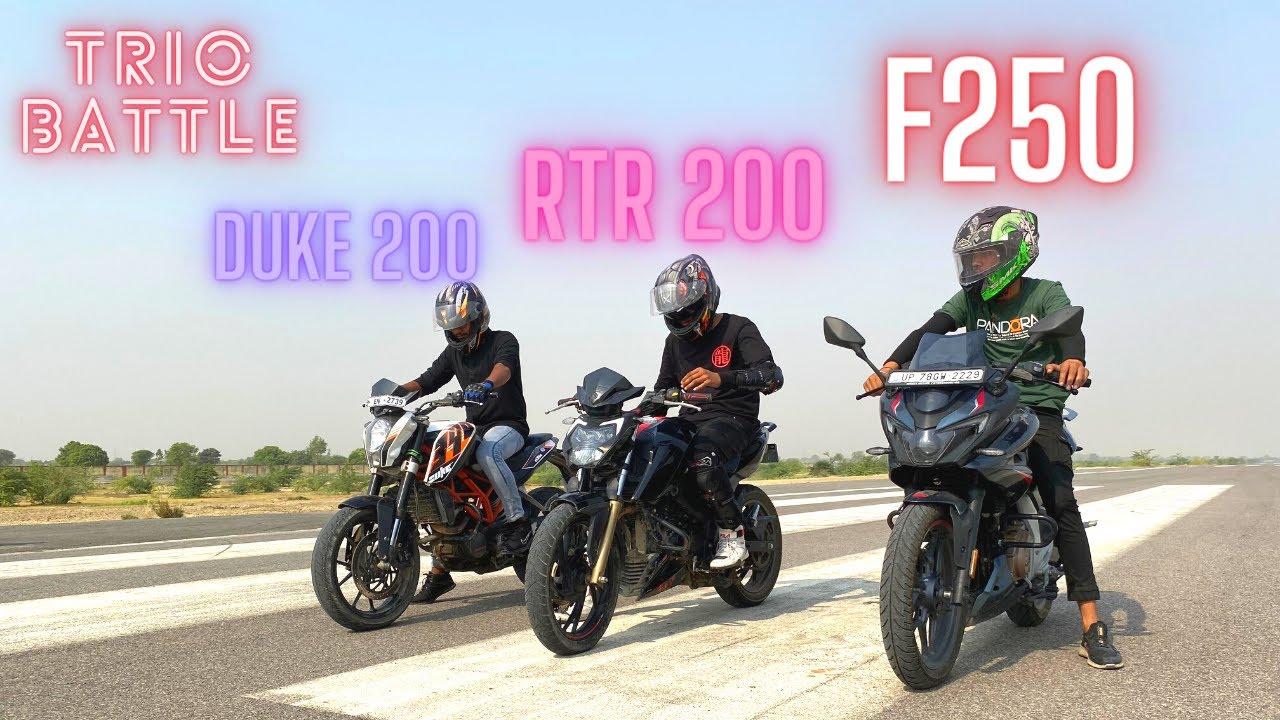 bajaj pulsar f250 vs duke 200 vs apache rtr 200 || trio battle! || crazy results!