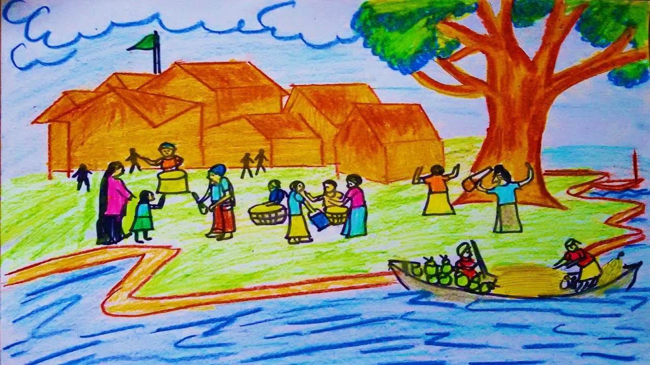 How to Draw a Scenery of Village Market Step By Step