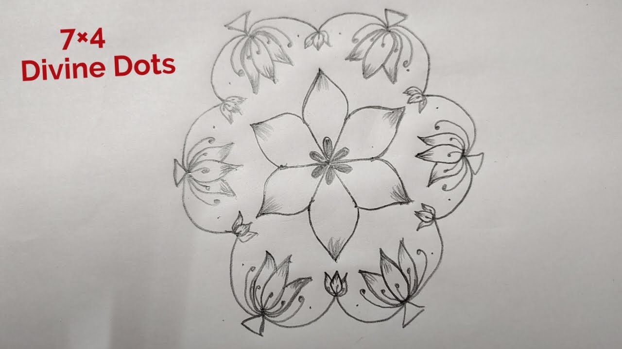 Simple Lotus Rangoli Design 7×4 🪷 7 DOT Rangoli Design 🪷 Easy Muggulu 🪷 Beautiful Rangoli