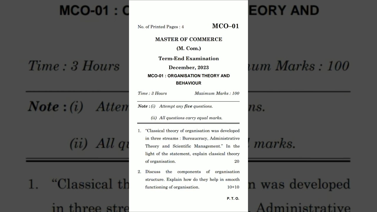 MCO-01 Organisation Theory and Behaviour last year question paper dec 2023 | MCO-01 Ignou