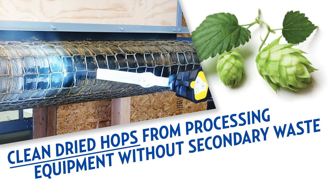 Clean dried hops from processing equipment in-place and without creating any secondary waste