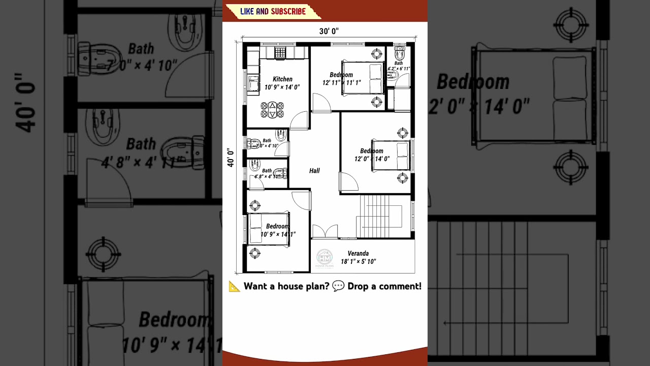 30'x40' 3BHK House Plan With 3 Bathrooms | Modern Layout & Big Kitchen Design