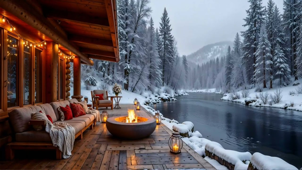 Relaxing Winter Lodge by the River | Fireplace Sounds, Snowy Forest, Cozy Evening Ambience