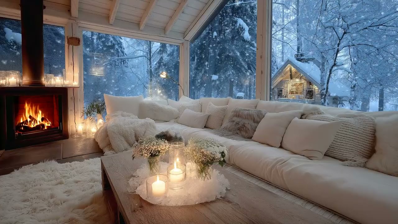🕯️🎹 Snowy Evening Romantic Piano | Cozy White Lounge Firelight Ambience | 5 Hours Study Relax Focus