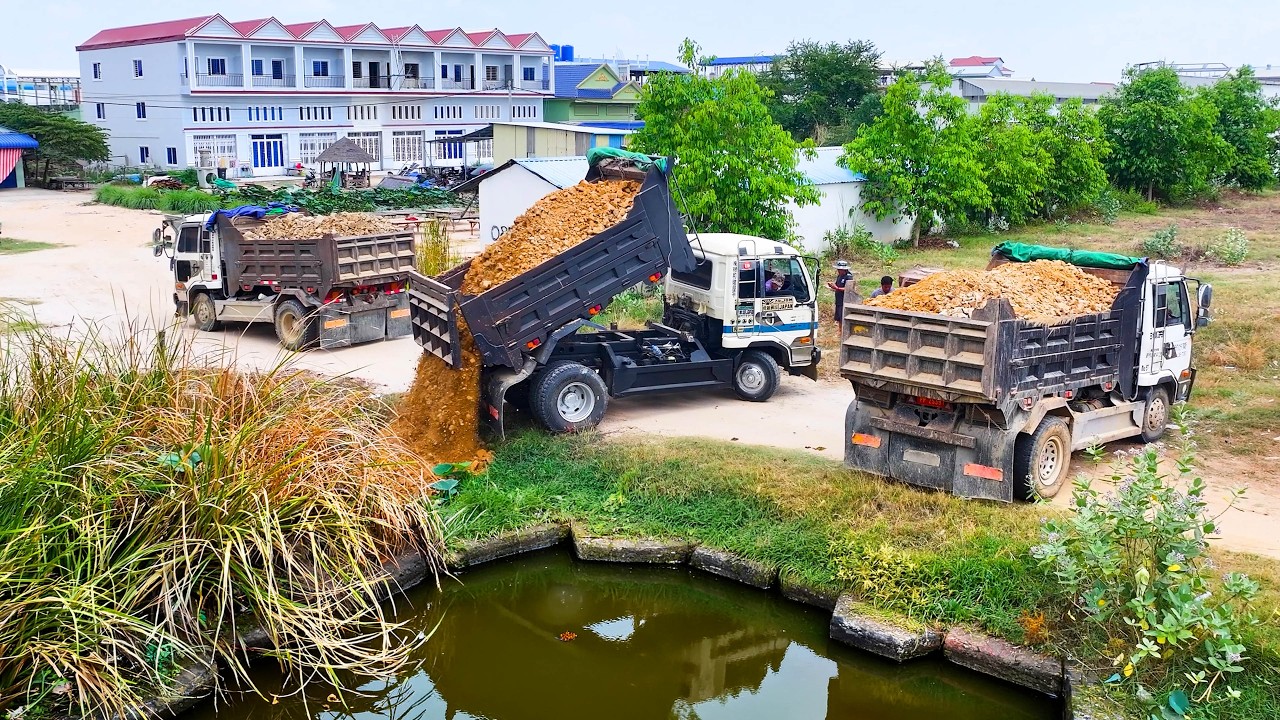 Excellent Complete Project Delete pond ,Truck Transport Soil , Bulldozer Komatsu Push Soil MIX V.D.O