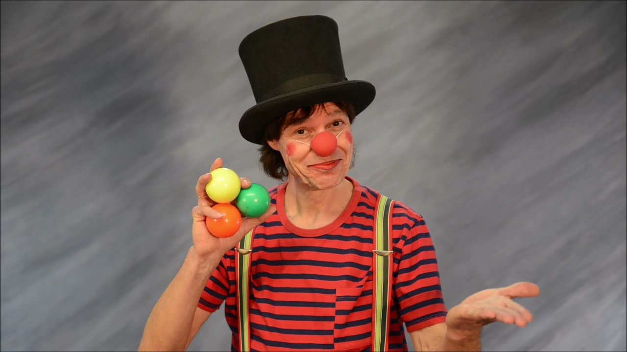 Jonglier-Tricks drei Bälle, mit dem Clown Filou, Teil 1. Jonglieren lernen für Fortgeschrittene.