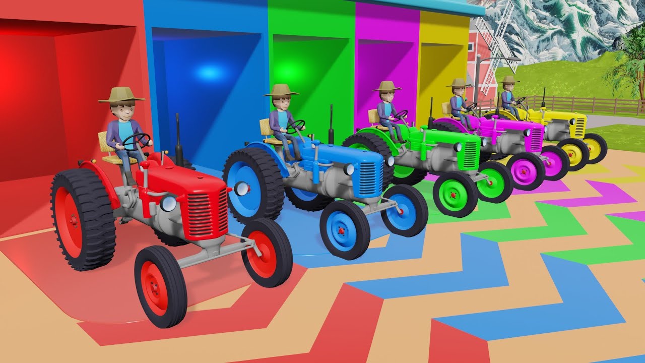 Learn Colors with Tractors and Colored Paint Fountains - Farming With Colors