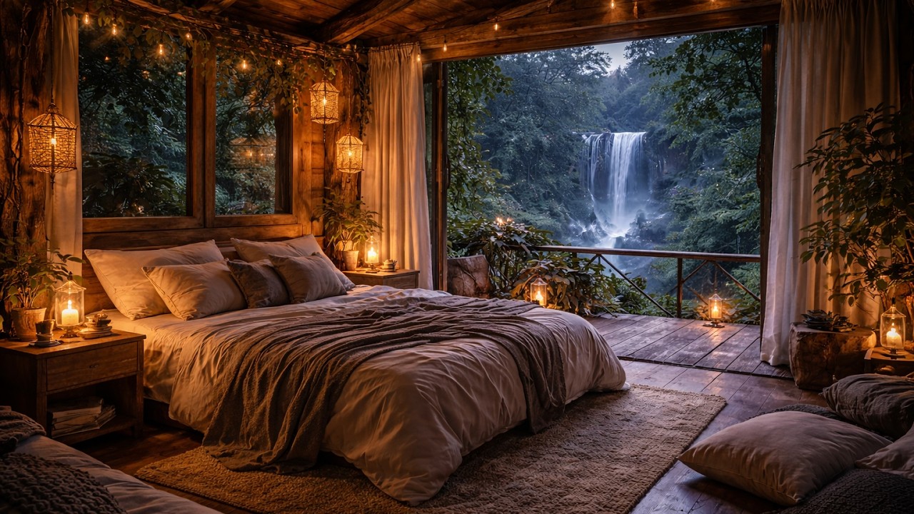 You&rsquo;ll Fall Asleep Instantly 🌙 Cozy Forest Cabin Bedroom with Waterfall & Soft Night Ambience