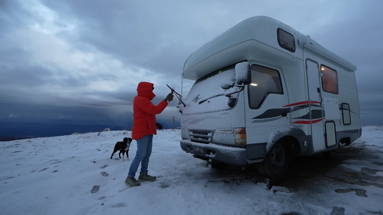 Vintage Van Camping In A Snow Storm