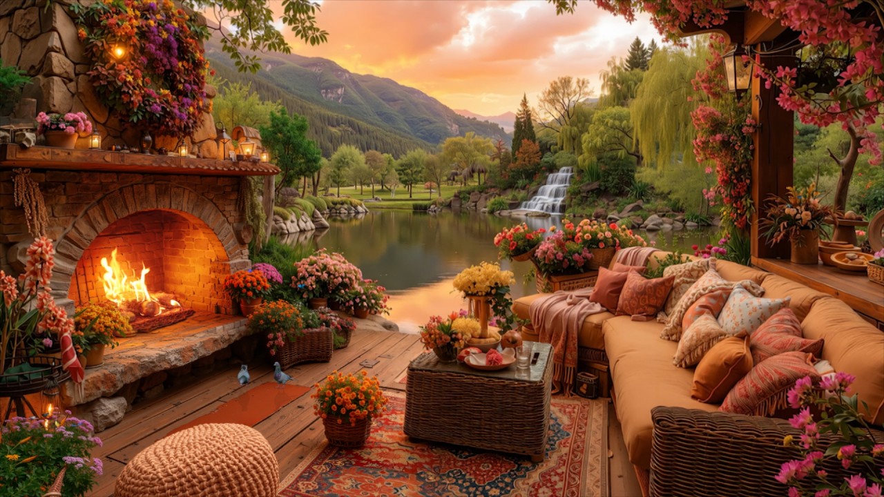 Peaceful Spring Morning by the Lake 🌸 Gentle Piano & Crackling Fireplace for Relaxation