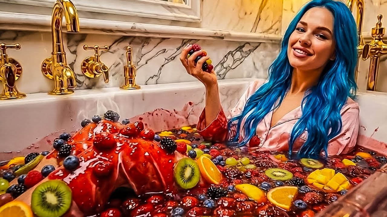 🍓 ASMR: Silk Nightgown Meets 100 Liters of Strawberry Jam in a Clear Glass Bathtub! Oddly Satisfying