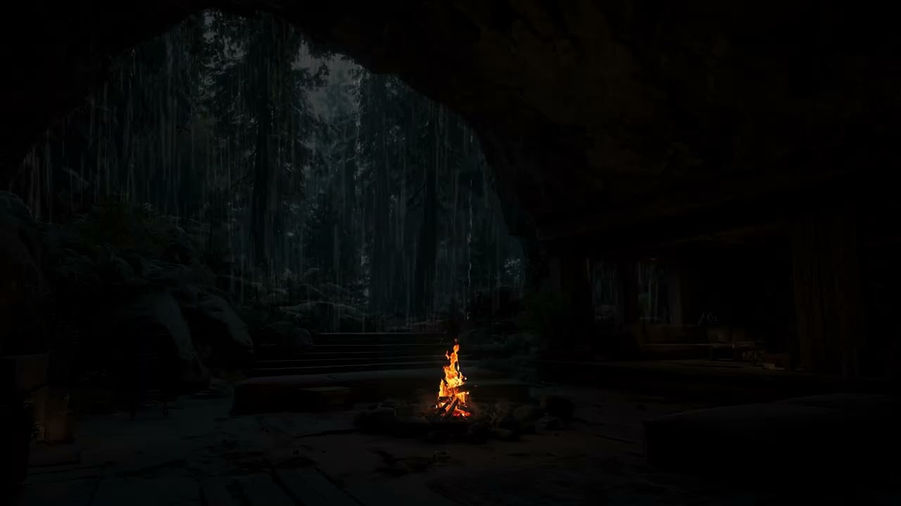 Continuous Night Rain in a Remote Forest for Rest and Relaxation | Cozy Fireplace Nature Mood