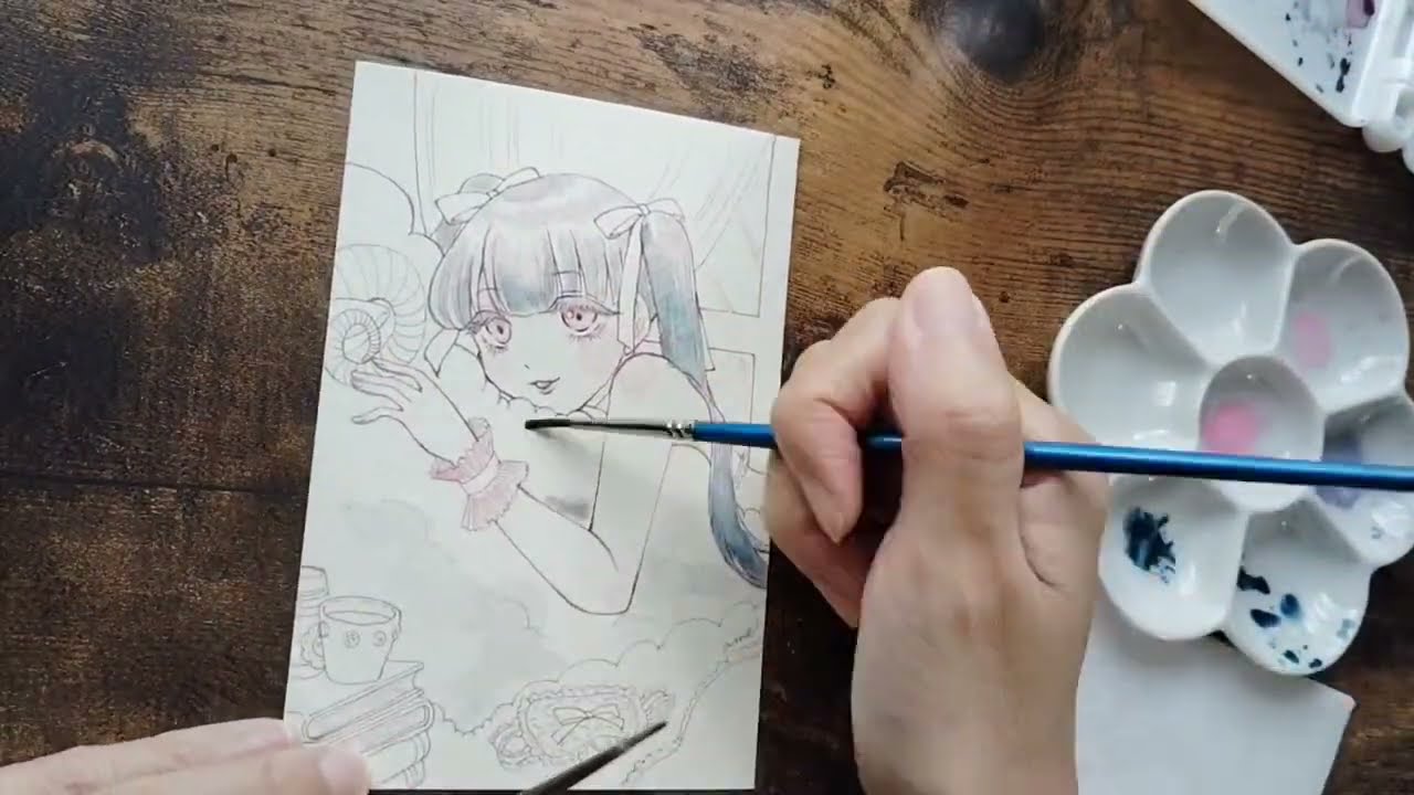 微睡みガール、透明水彩色塗りタイムラプス@ame_yarazuno 
