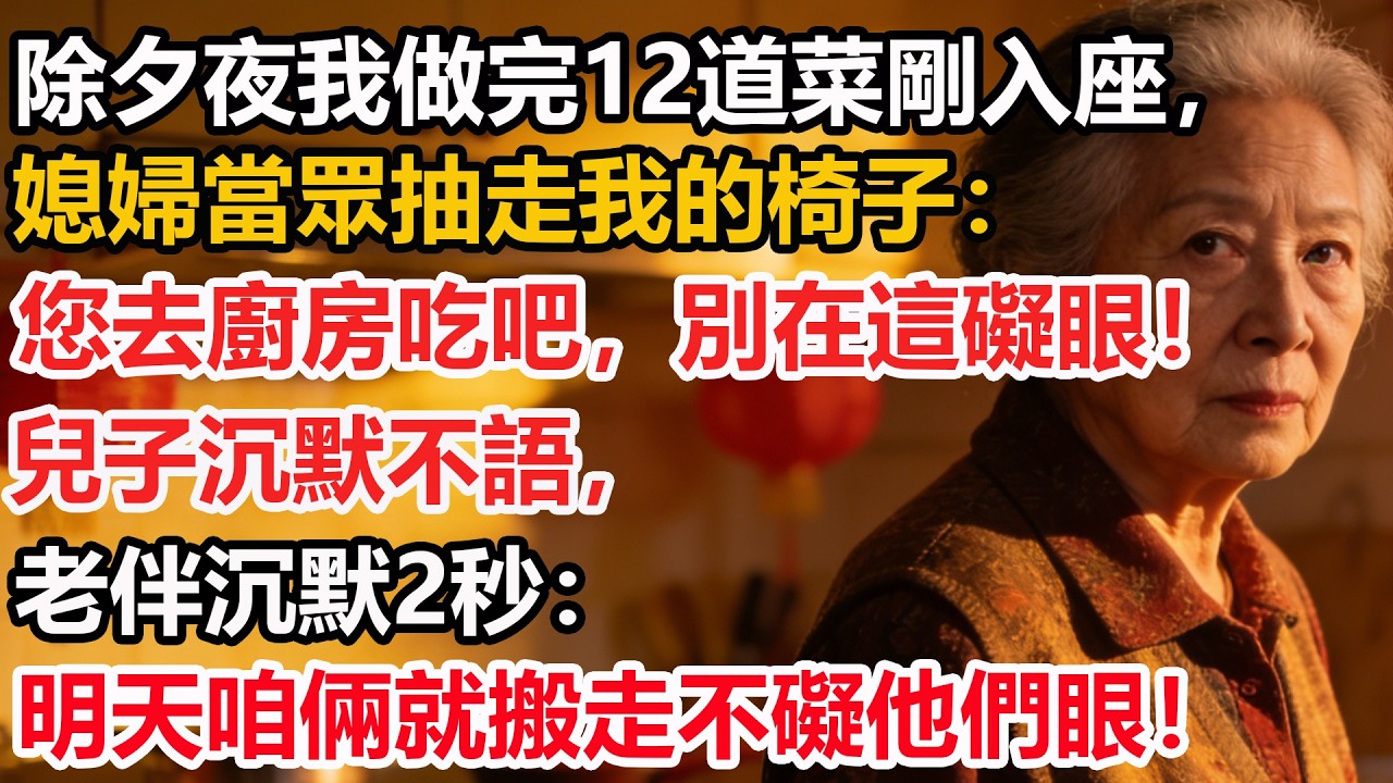 除夕夜我做完12道菜剛入座，媳婦當眾抽走我的椅子：您去廚房吃吧，別在這礙眼！兒子沉默不語，老伴沉默2秒：明天咱倆就搬走不礙他們眼！