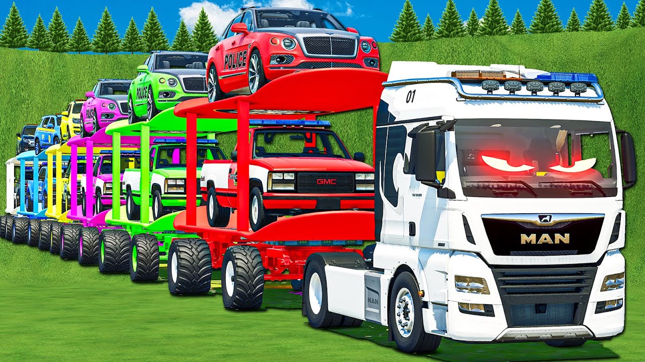 LONG CONVOY TRANSPORT OF COLORS! COPS SUPER DUTY, CHEVROLET, PICKUPS & POLICE BENTLEY! FS 25